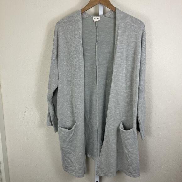DONNI Women One Size Gray Beige Sandwash Stripe Ribbed Open Long Sleeve Cardigan - Picture 1 of 4